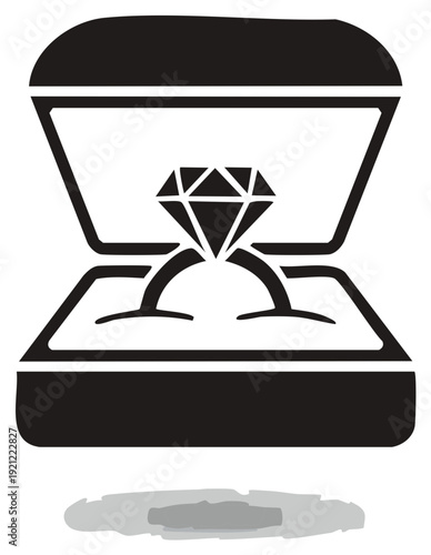 Black and white illustration of a diamond engagement ring inside a jewelry box