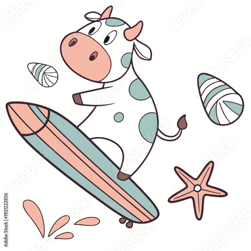 Cute SVG of a Bashful Cow in Ocean Dreams colors, featuring riding a skateboard in a Under the Sea setting