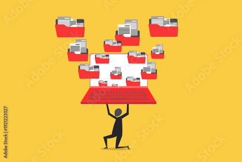 Businessman struggling to hold up a giant red laptop that is overflowing with numerous file folders. concept of heavy burden of administrative tasks, digital clutter