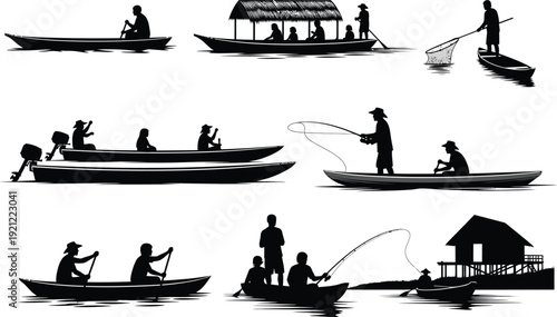 Silhouettes of people engaged in river activities: rowing boats, fishing with nets and rods, riding in boats, and relaxing near a waterfront house.