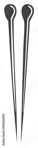 Pair of sleek stylized dark grey hat pins with decorative heads and sharp tips, fashion accessory illustration