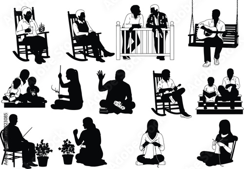 Silhouettes of seniors enjoying leisure activities: rocking on chairs, playing guitar, reading books, talking, and knitting in a peaceful setting.
