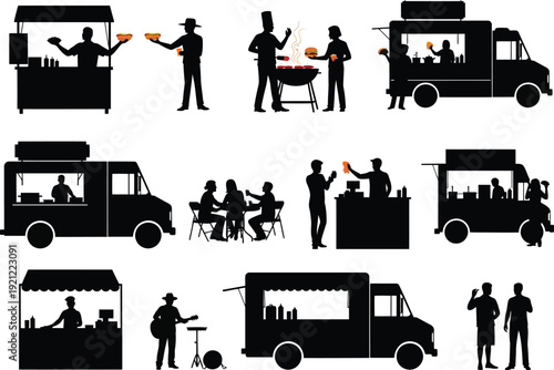 Monochrome silhouettes of food stalls and trucks, showing chefs cooking, customers eating, and vendors serving a variety of street food.