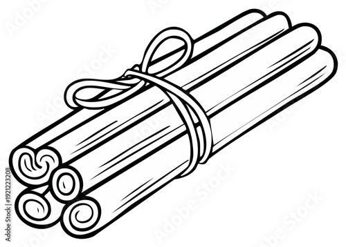 Bundled cinnamon sticks tied with a natural cord, aromatic spice.