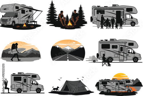Stylized illustrations of recreational vehicles and outdoor scenes, capturing the essence of RV travel, camping, and serene nature experiences.