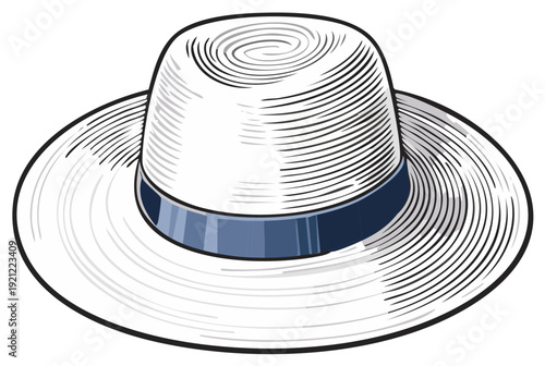 Classic White Fedora Hat With Blue Band Vintage Illustration Style