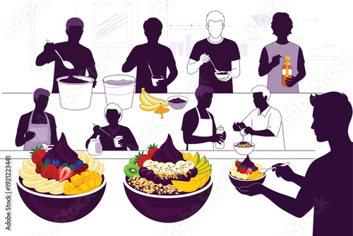 Silhouettes of people preparing and enjoying healthy acai bowls and fruit smoothies in a modern kitchen setting.