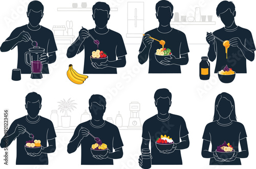 Silhouettes of individuals making and consuming colorful fruit smoothies and healthy bowls with fresh ingredients.