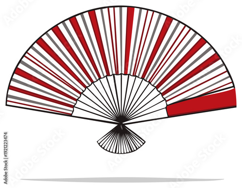 Traditional Japanese Folding Fan with Red and White Stripes