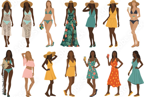 Diverse women in stylish summer dresses and swimwear, showcasing fashionable beachwear and resort attire.