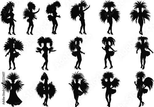 Collection of diverse samba dancer silhouettes in elegant feathered costumes, capturing the festive spirit and dynamic poses of Brazilian carnival.