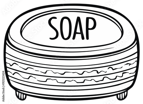 Vector drawing of a soap dish with soap written on it, in a black and white outline style.