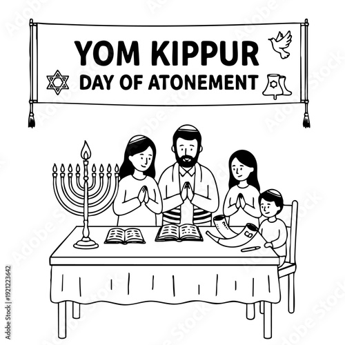 A minimalist vector illustration of a Jewish family sitting at a table with a menorah, shofar, and prayer books under a banner. Conceptual design for religious traditions and holy days.