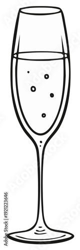 Elegant flute glass filled with sparkling champagne bubbles in a simple outline drawing