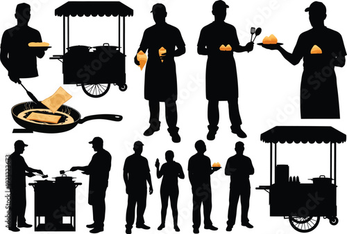 Silhouettes of people preparing and selling street food, featuring food carts, cooking, and serving delicious snacks in an urban setting.