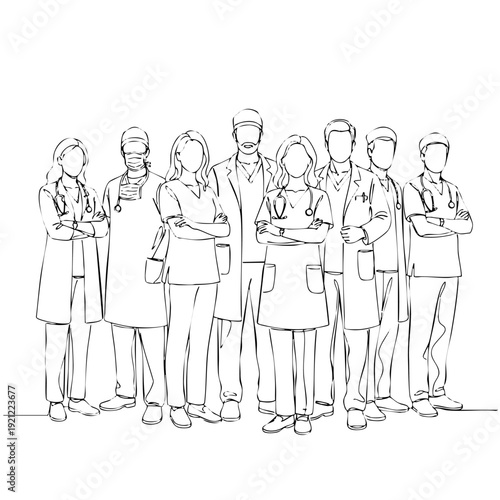 A minimalist vector drawing of healthcare professionals standing together. Features surgeons, physicians, and specialists in scrubs and lab coats with stethoscopes