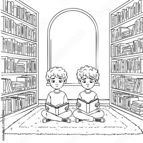 A minimalist vector illustration of children sitting on a rug between bookshelves. Conceptual design for education, storytelling, childhood learning, and academic research.