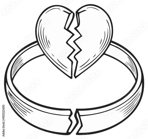 Broken heart on wedding band divorce concept vector line art graphic