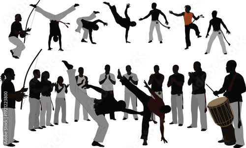 Silhouette vector illustration of capoeira performers in action, playing instruments like berimbau and drumming, set against a white background.