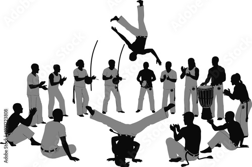 Vector illustration depicting a capoeira circle with musicians playing instruments and performers executing dynamic acrobatic moves and poses.
