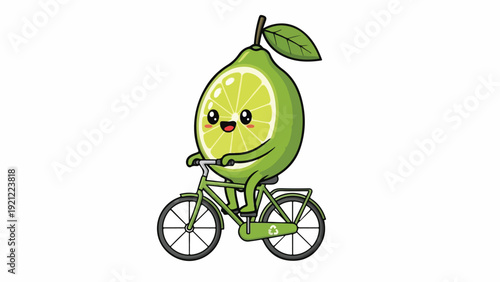 A cartoon lime character riding a green bicycle with a leaf on its head against a white background with a playful mood.