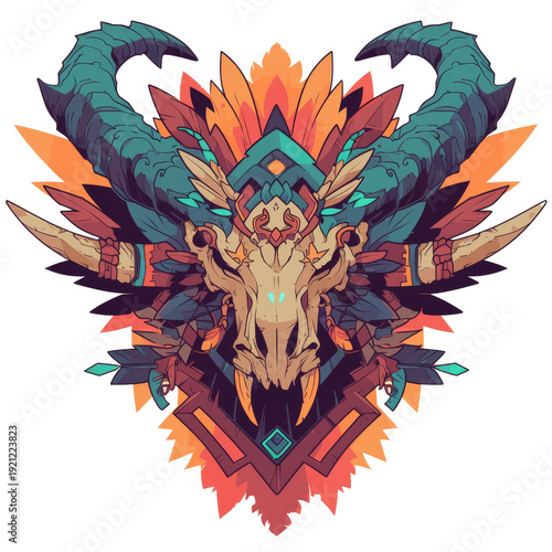 Intricate stylized illustration of a mythical horned skull adorned with vibrant feathers and geometric tribal patterns.