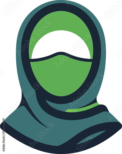 Woman wearing hijab and niqab vector illustration. Faceless female head covering in green and teal colors.