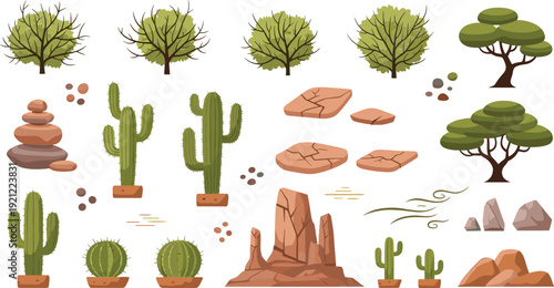 Desert landscape elements with cactus rocks trees and wind effects for arid nature environment cartoon vector illustration set.