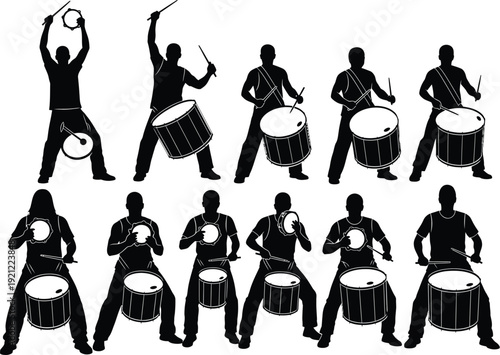 Collection of silhouette vector illustrations of drummers playing various percussion instruments, including bass drums and tambourines, in a dynamic performance.