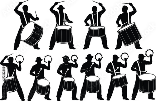 Silhouette vector illustration of a marching band drumming ensemble playing large bass drums and smaller hand drums with drumsticks, showcasing musical performance.