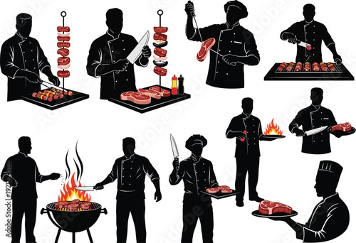 Silhouette vector illustration of chefs preparing and serving various grilled meat dishes, including kebabs and steaks, showcasing culinary skills and barbecue.