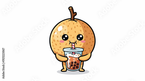 Cartoon illustration of a cheerful orange character drinking boba tea with a straw and smiling face on a white background.