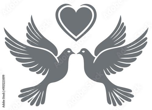 Two Grey Doves Flying Towards Each Other with a Heart Symbol Above