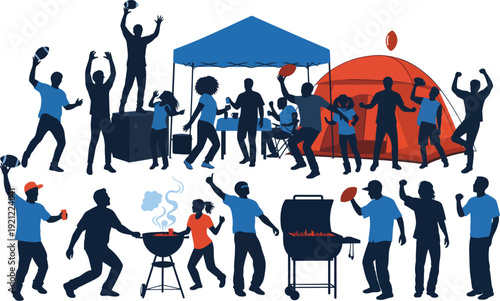 Energetic outdoor barbecue party scene with diverse people grilling, playing football, and socializing under tents, vibrant colorful illustration