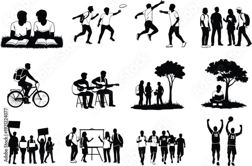 Collection of silhouette illustrations showing young people in diverse activities: studying, playing sports, cycling, making music, and socializing