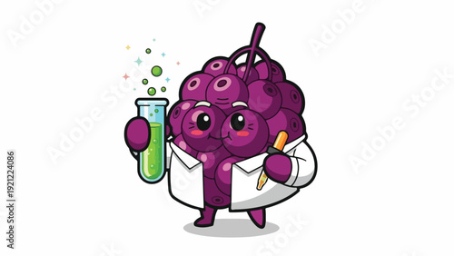Cartoon illustration of a purple grape character wearing a lab coat, holding a test tube with green liquid and a pencil, on a white background.