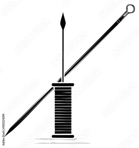 Silhouette illustration of sewing needle, thread spool, and tailor's awl, sewing tools, black and white.