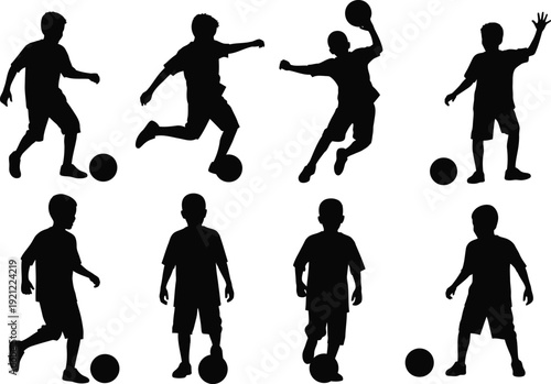 Collection of silhouette illustrations showing boys playing soccer, dribbling, kicking, and posing with the ball.