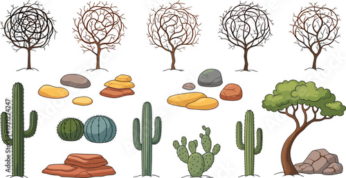 Desert plants and dry trees collection with cactus rocks and arid landscape elements for nature environment cartoon vector illustration set.
