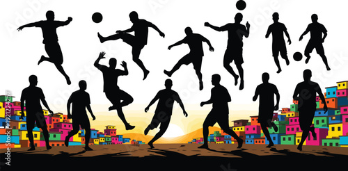 Dynamic silhouettes of soccer players in action against a backdrop of colorful favela houses