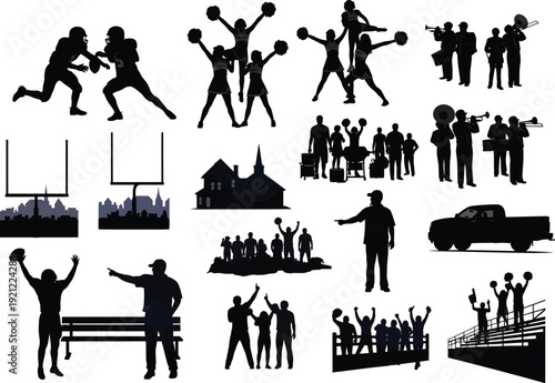 American football and school spirit elements: players, cheerleaders, band, stadium, truck