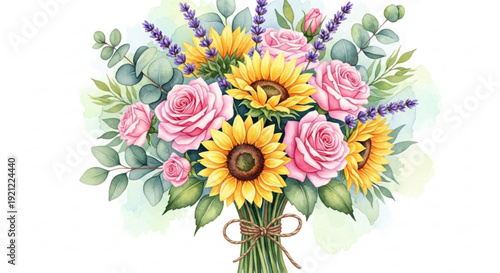 Vibrant bouquet of sunflowers roses and lavender flowers tied with twine on white background
