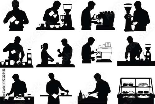 Collection of black silhouettes depicting barista preparing coffee drinks, isolated on white.
