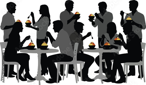 Silhouettes of people enjoying dessert together at tables, a sweet social gathering, cafe atmosphere.