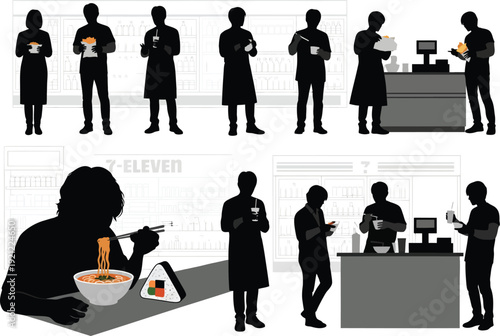 Silhouettes of people interacting in a 7-Eleven store, including shopping, eating, and paying at the counter.