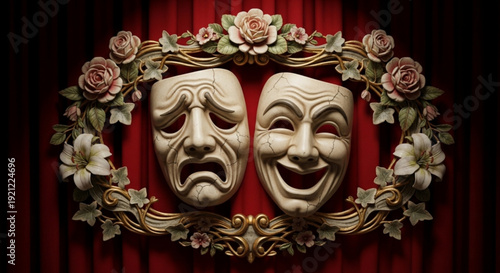 Theatrical comedy and tragedy masks in floral gold frame on red curtain background for drama and performance concepts