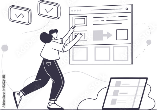 Woman Designing Website Interface UI UX Workflow Outline Illustration