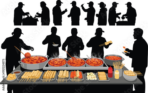 Street food vendors preparing and serving Korean tteokbokki and skewers, people queuing, silhouette illustration