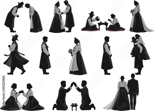Korean wedding couple in traditional Hanbok, various scenes of courtship, ceremony, and celebration, silhouette illustrations