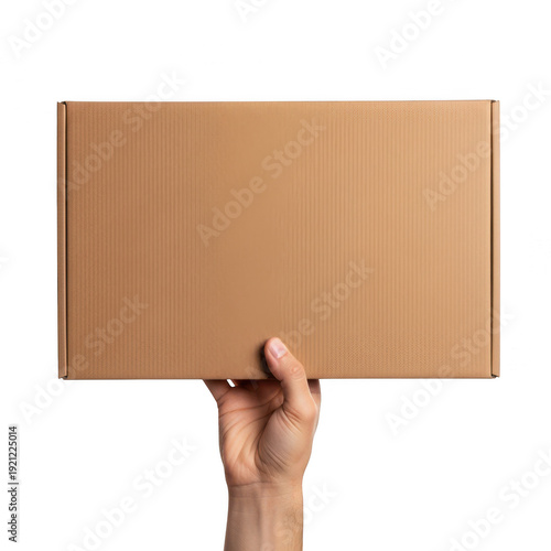 A hand holding a cardboard box on transparent background